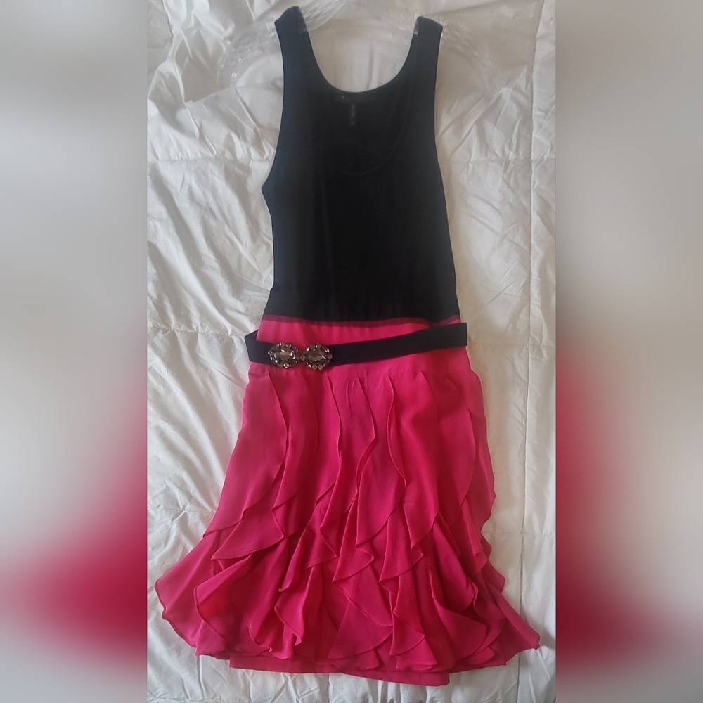 BCBGMAXAZRIA  black and pink tank ruffle dress with cute belt